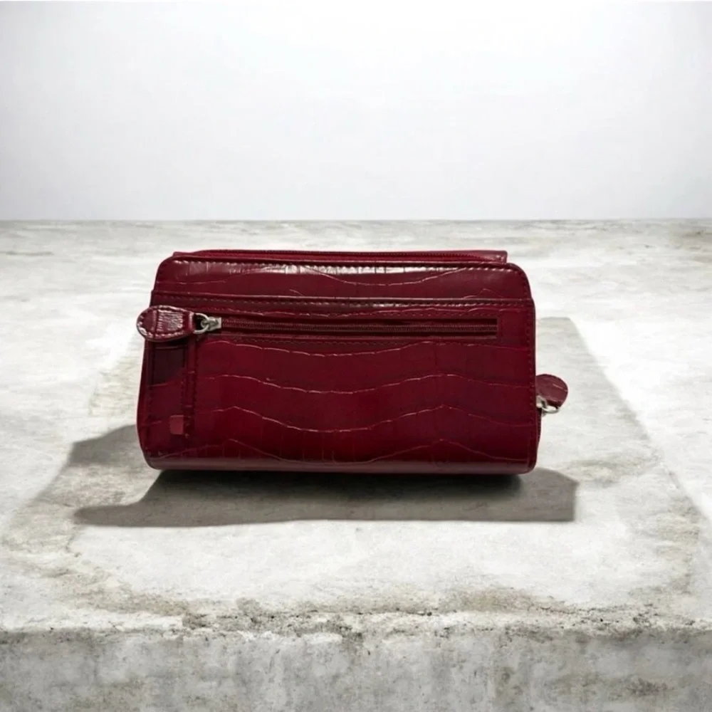 Red Croc Embossed Faux Leather Trifold Wallet Organizer Checkbook Clutch